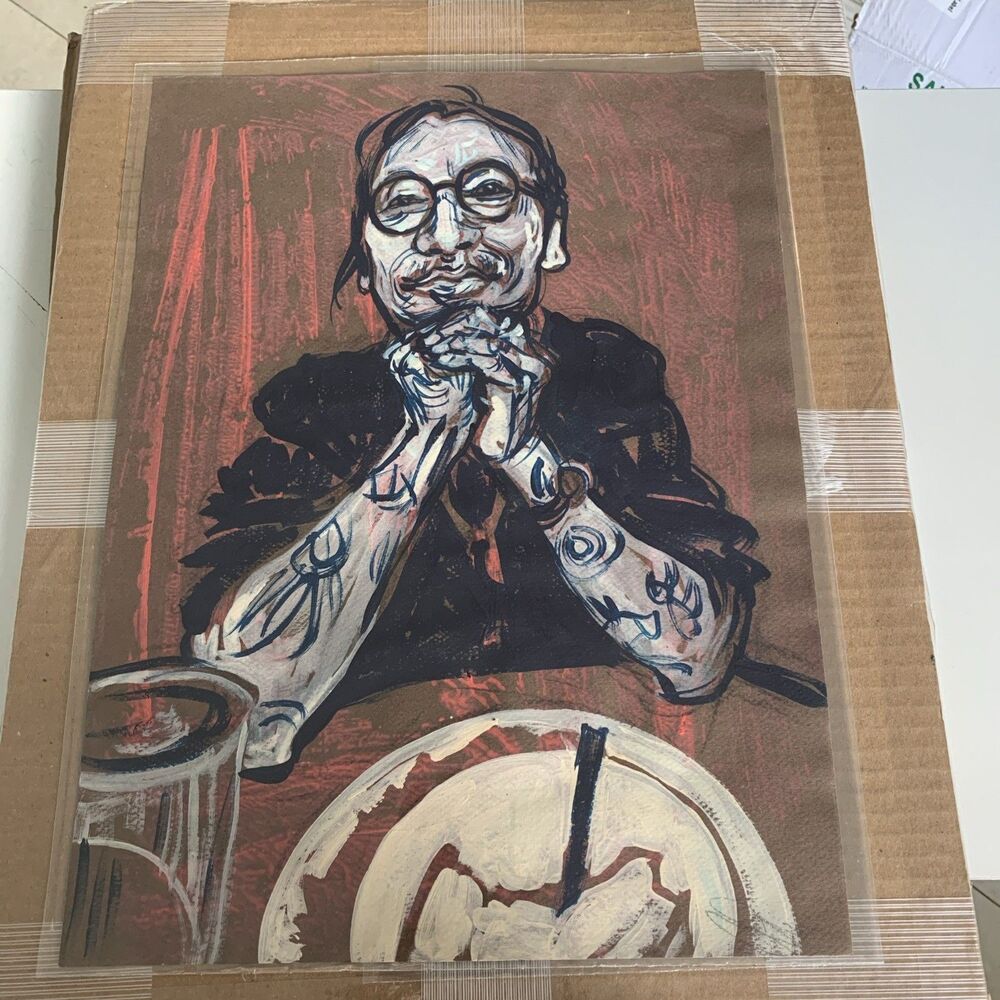 llegible Artist Signature Modern Expressionist Portrait Mixed Media Lithograph